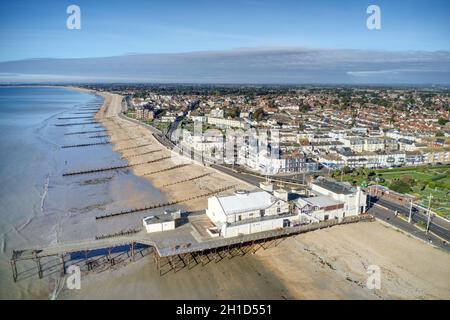 Bognor Regis aerial photo along the seafront west of the pier at this popular tourist destination in Southern England. Stock Photo