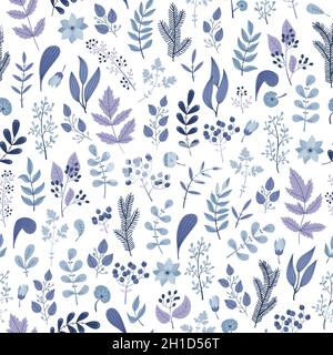WInter seamless pattern with blue plants and flowers. Stock Vector