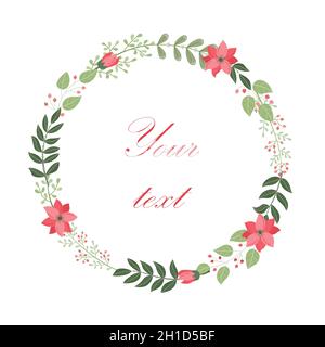 Winter vector round frame with plants and flowers. Floral wreath Stock Vector
