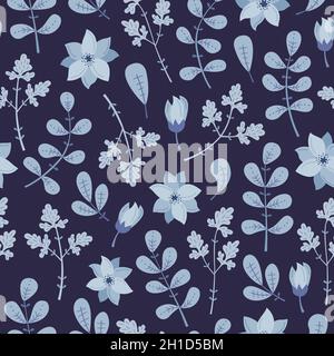 WInter seamless pattern with blue plants and flowers. Stock Vector
