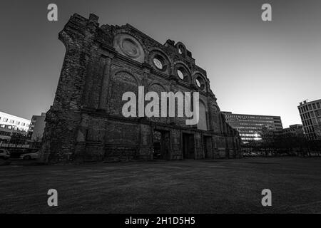 BERLIN - MARCH 22, 2020: Remains of Anhalter Bahnhof, is a former railway terminus in Berlin (it was severely damaged in World War II). Black and whit Stock Photo