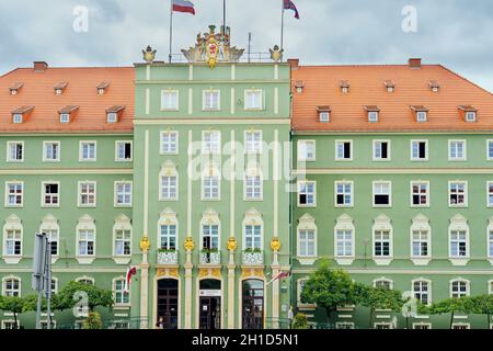 Szczecin, Poland, June 2018 Green buildings of Stettin City Council with arms or crest on the roof Stock Photo
