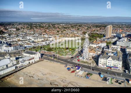 Bognor Regis aerial view along the seafront with fishing boats and observation wheel in view next to Waterloo Square at this popular tourist resort. Stock Photo