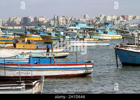 ALEXANDRIA, EGYPT - FEBRUARY 28: Alexandria bay on FEBRUARY 28, 2010. Fisherman boats and harbour in Alexandria, Egypt. Stock Photo