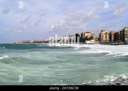 ALEXANDRIA, EGYPT - FEBRUARY 28: Alexandria seaside on FEBRUARY 28, 2010. Residential buildings at sunny day in Alexandria, Egypt. Stock Photo