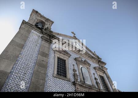 Ovar, Portugal - February 18, 2020: architectural detail of the Saint Anthony Church (Igreja De Santo Antonio) in the city center where people are wal Stock Photo