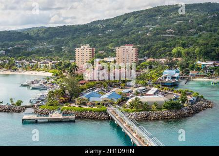 Ocho Rios, Jamaica - April 22, 2019: View from the ship to the Cruise port in the tropical Caribbean island of Ocho Rios, Jamaica. Stock Photo