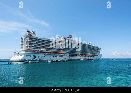 Ocho Rios, Jamaica - April 22, 2019: Cruise Ship MSC Seaside docked in the tropical Caribbean island of Ocho Rios, Jamaica. Stock Photo