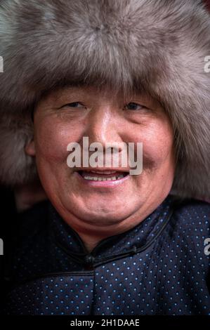 Naryn-Atsagat zone, near Oulan Oude (ulan ude), Siberia, Russia - Mars 09, 2020 : Portrait of buryat man in traditional costume. Buryatia republic, Si Stock Photo