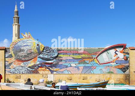 ALEXANDRIA, EGYPT - FEBRUARY 28: Mosaic wall in Alexandria on FEBRUARY 28, 2010. Big mosaic wall at harbour in Alexandria, Egypt. Stock Photo