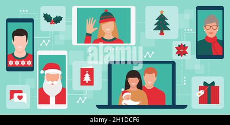 Happy people connecting online on their devices and celebrating Christmas, they are videocalling and sending wishes Stock Vector
