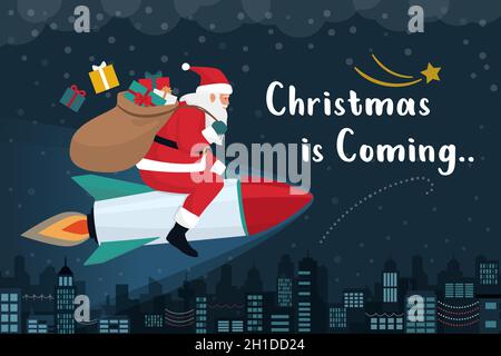 Happy Santa Claus riding a rocket on Christmas eve's night and carrying gifts in his sack Stock Vector