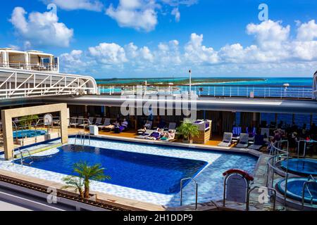 Half Moon Cay island, Bahamas - December 2, 2019: Upper deck of Holland America cruise ship Eurodam Stock Photo