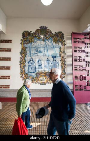 the handmade tiles and Azulejo at the Mercado dos Lavradores in the city centre of Funchal on the Island Madeira of Portugal.   Portugal, Madeira, Apr Stock Photo