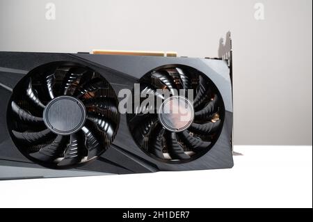 New high end graphics card computer hardware upgrade on a desk Stock Photo