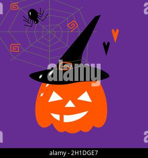Orange pumpkin on Halloween in a black witch hat with cobwebs, spider and hearts on a purple background. Vector illustration Stock Vector