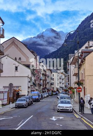 Cauterets, France - 10 Oct 2021: Views of the Pyrenees mountains from the streets of the ski resort of Cauterets Stock Photo