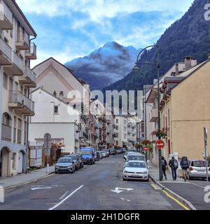 Cauterets, France - 10 Oct 2021: Views of the Pyrenees mountains from the streets of the ski resort of Cauterets Stock Photo