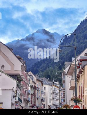 Cauterets, France - 10 Oct 2021: Views of the Pyrenees mountains from the streets of the ski resort of Cauterets Stock Photo