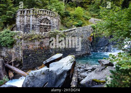 Cauterets, France - 10 Oct 2021: Waterfalls cascade from the Pyrenees mountains near La Raillere springs Stock Photo