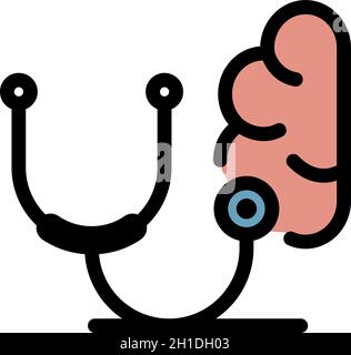 Stethoscope listen brain icon. Outline stethoscope listen brain vector icon color flat isolated Stock Vector