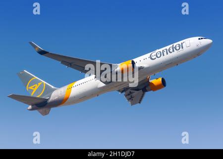 Frankfurt, Germany – April 7, 2020: Condor Boeing 767-300ER airplane at Frankfurt airport (FRA) in Germany. Boeing is an American aircraft manufacture Stock Photo