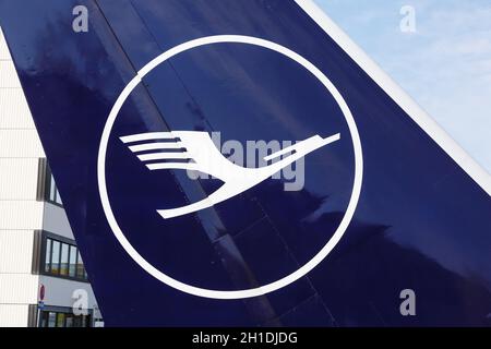 Frankfurt, Germany – April 7, 2020: Lufthansa crane Logo at headquarters on tail at Frankfurt airport (FRA) in Germany. Stock Photo