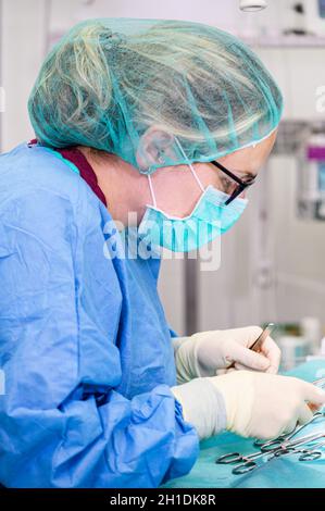 Female surgeon in operation room, operating a patient . Stock Photo