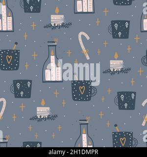 Christmas and Happy New Year seamless pattern with Christmas candle, fir branches and berries. Vector design template. Digital paper. Stock Vector