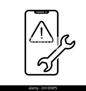 Smartphone repair icon. Wrench on mobile icon. Black linear icon. Vector illustration. Stock Vector