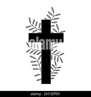 Christian cross with plant. Cross with flowers. Black design of ...