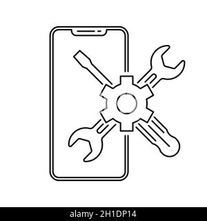 Smartphone repair icon. Screwdriver and wrench on mobile icon. Black service icon. Vector illustration. Stock Vector