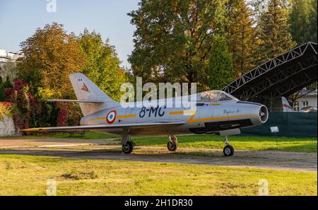 A picture of a Dassault MD.452 Mystere IV fighter jet on the grounds of the Polish Aviation Museum. Stock Photo