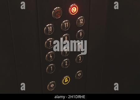 Elevator control panel closeup view. Modern elevator or lift with led lights buttons Stock Photo