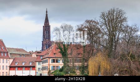 Strasbourg, France - December 28, 2017 - Architectural detail of a traditional house in the historic district of the city on a winter day Stock Photo