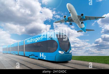 A hydrogen fuel cell train and airplane. New energy sources  Stock Photo