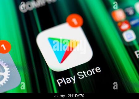 Burgos, Spain - April 13, 2020: Play store application icon on smartphone screen. Mobile application icon of play store. Google Play Store . Stock Photo