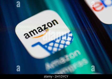 Burgos, Spain - April 13, 2020: Amazon shopping application icon on mobile screen close-up. Amazon shopping app icon . Stock Photo