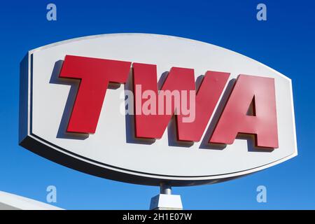 New York City, New York – February 27, 2020: TWA Logo Hotel at New York JFK airport (JFK) in the United States. Stock Photo