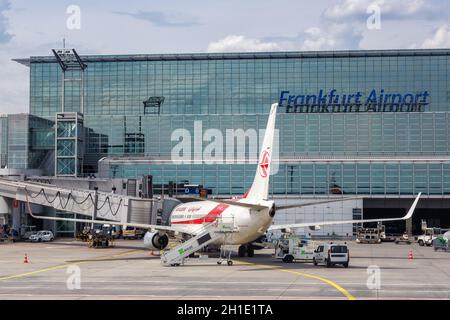 Frankfurt, Germany – May 27, 2018: Air Algerie Boeing 737 airplane at Frankfurt airport (FRA) in Germany. Boeing is an American aircraft manufacturer Stock Photo