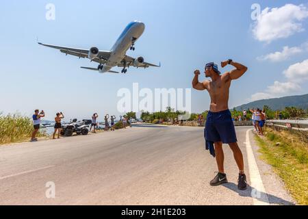 Skiathos, Greece – August 2, 2019: TUI Boeing 757-200 airplane at Skiathos airport (JSI) in Greece. Boeing is an American aircraft manufacturer headqu Stock Photo