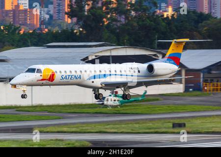Medellin, Colombia – January 25, 2019: Satena Embraer 145 airplane at Medellin Enrique Olaya Herrera airport (EOH) in Colombia. Stock Photo
