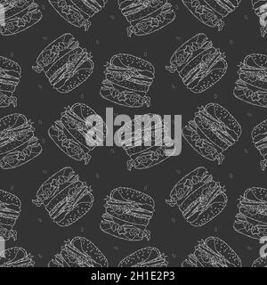 Burger hamburger patterns white and black hand-drawn contour drawing. Vector illustration Stock Vector