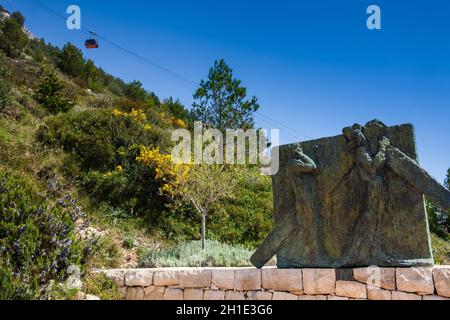 DUBROVNIK, CROATIA - APRIL, 2018: Cable car and the Stations of the Cross located along the Mount Srd walking trail in a beautiful early spring day Stock Photo