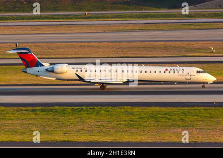 Atlanta, Georgia – April 2, 2019: Delta Connection Endeavor Air Bombardier CRJ-900 airplane at Atlanta airport (ATL) in Georgia. Stock Photo