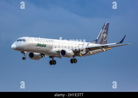 London, United Kingdom – July 7, 2019: Alitalia CityLiner Embraer 190 airplane at London City airport (LCY) in the United Kingdom. Stock Photo
