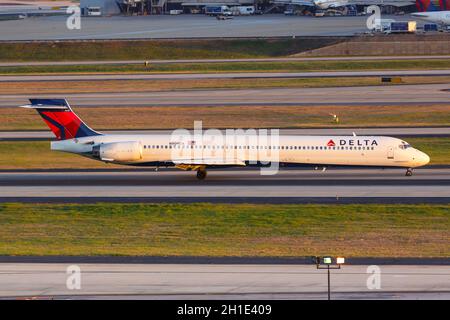 Atlanta, Georgia – April 2, 2019: Delta Air Lines McDonnell Douglas MD-90 airplane at Atlanta airport (ATL) in Georgia. Stock Photo