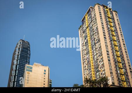 Chongqing, China -  August 2019 : High-rise commercial, business and residential skyscraper buildings in the Jiefangbei district Stock Photo