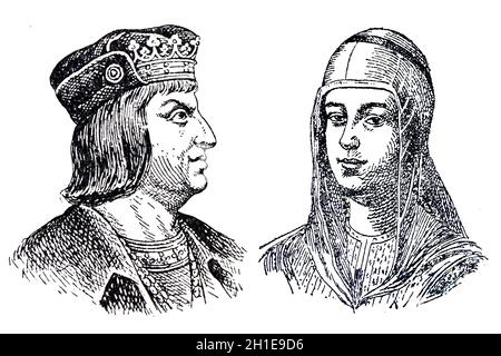 Portrait of Catholic Monarchs of Spain, Queen Isabella I of Castile and King Ferdinand II of Aragon. Draw from Enciclopedia Autodidactica by Carles Da Stock Photo