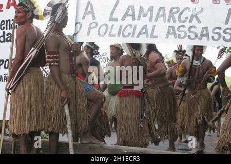 porto seguro, bahia / brazil - july 4, 2009: Pataxo Indians are seen during demonstration on the federal highway BR 367 in Porto Seguro, due to an acc Stock Photo